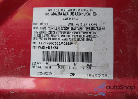 2005 Mazda Mazda6 I Base z USA, uszkodzony, nr VIN 1YVFP80C555M05449